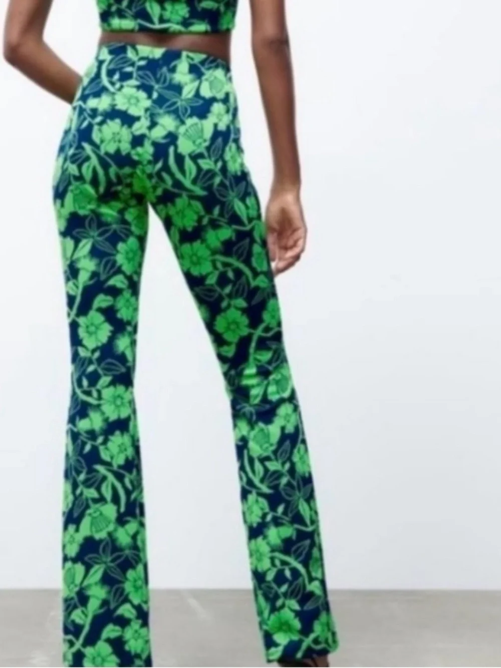 Zara Navy & Bright Green Floral High-Waist Flare Pants